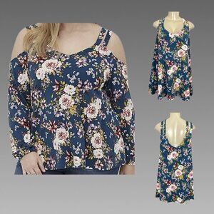 Torrid +5 Teal Floral Crepe V-Neckline Double Straps 3/4 Cold Shoulder Blouse